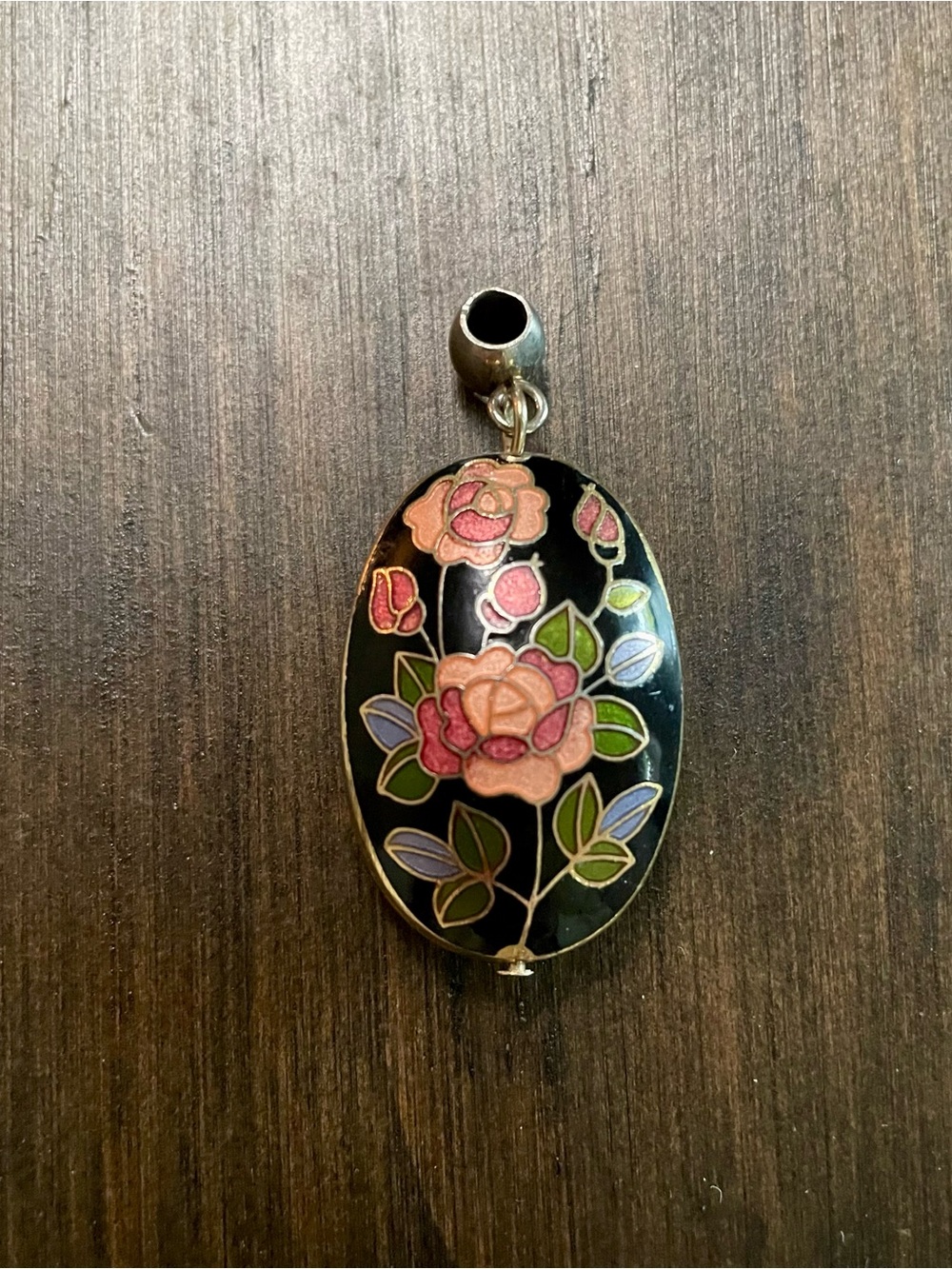 Vintage Pink Rose Cloisonné Oval Pendant Necklace - Black, Pink, Green